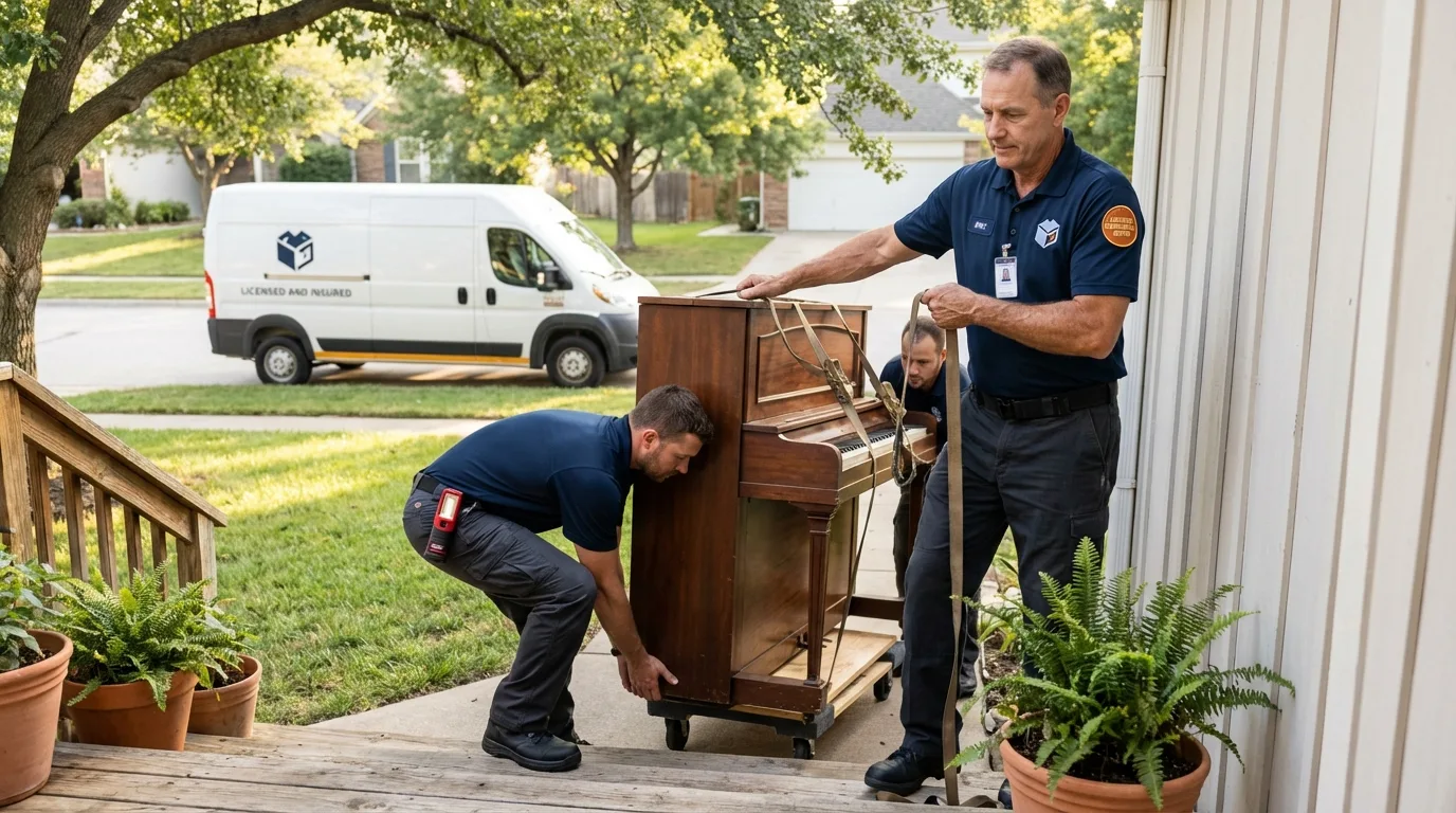 Licensed piano movers securing grand piano in Inver Grove Heights, MN