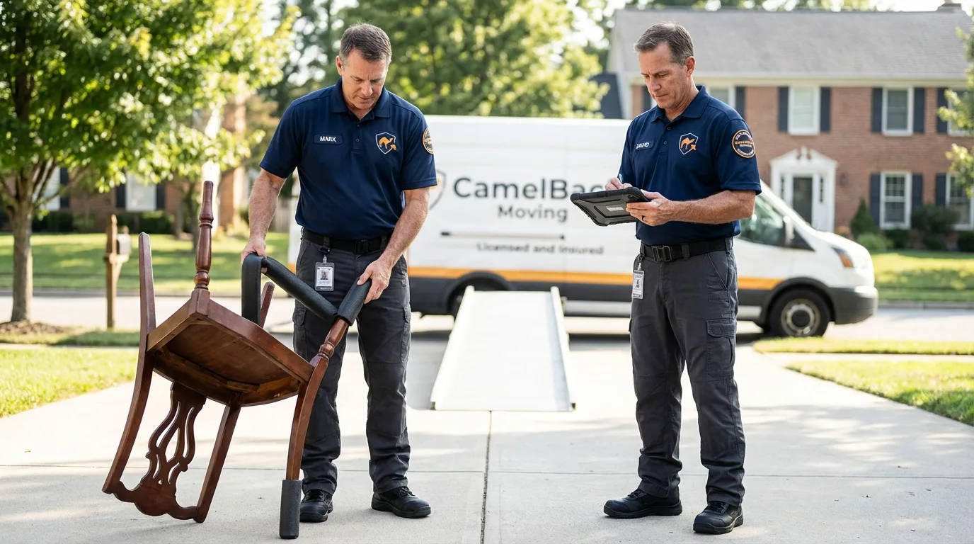 Movers inspecting furniture for damage prevention before loading in Inver Grove Heights, MN
