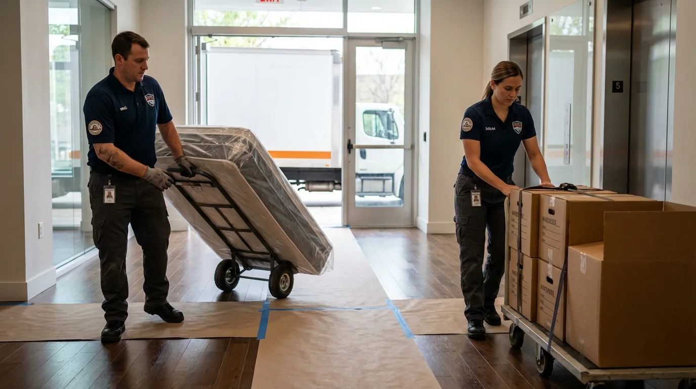 Professional apartment movers loading elevator in Inver Grove Heights, MN
