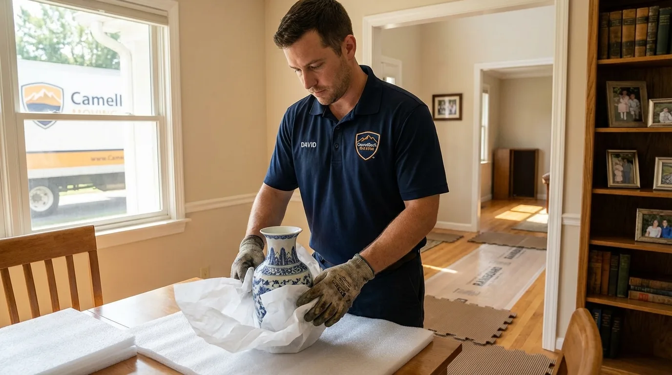 Professional crew carefully wrapping antique vase for senior downsizing move in Inver Grove Heights, MN